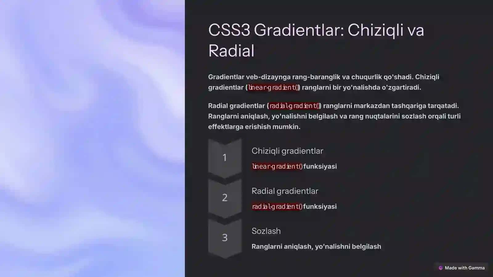 CSS3 Imkoniyatlari: Animatsiyalar, Gradientlar, Transformatsiyalar va Shaffoflik 4
