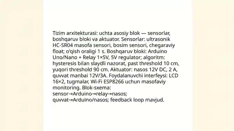 Arduino asosida avtomatik suv nasosini boshqarish tizimi 4