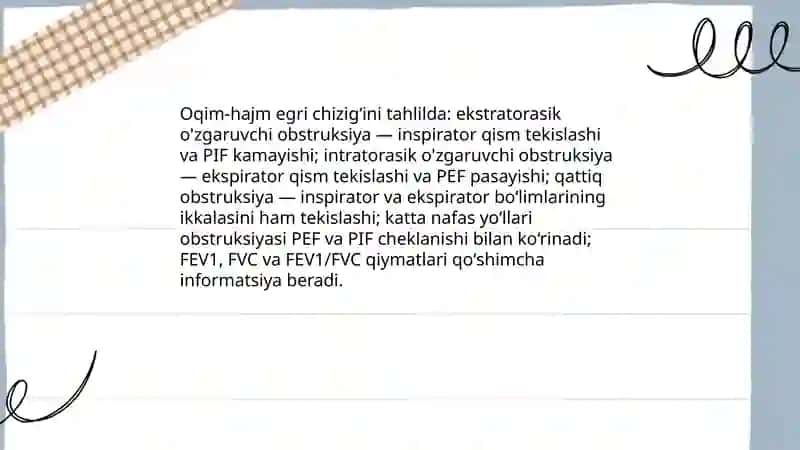 Nafas a'zolari kasalliklaridagi funksional-instrumental tekshiruvlar (spirometriya, pnevmotaxometriya, oksigemometriya) natijalarini interpretatsiyasi. 4