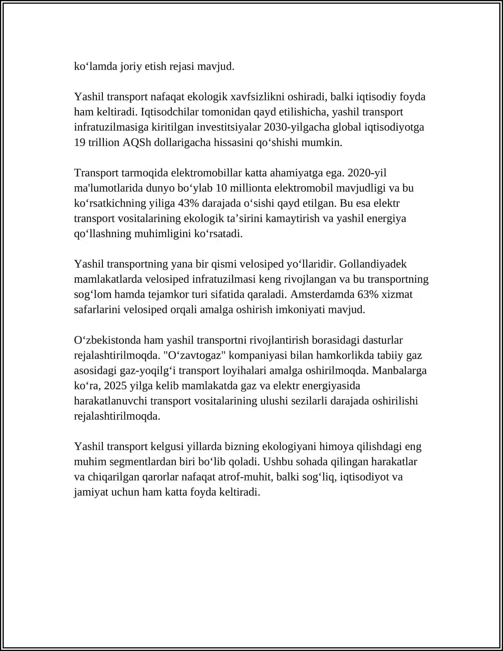 MUSTAQIL ISH Mavzu: OʻZBEKISTON YASHIL TRANSPORTI 4