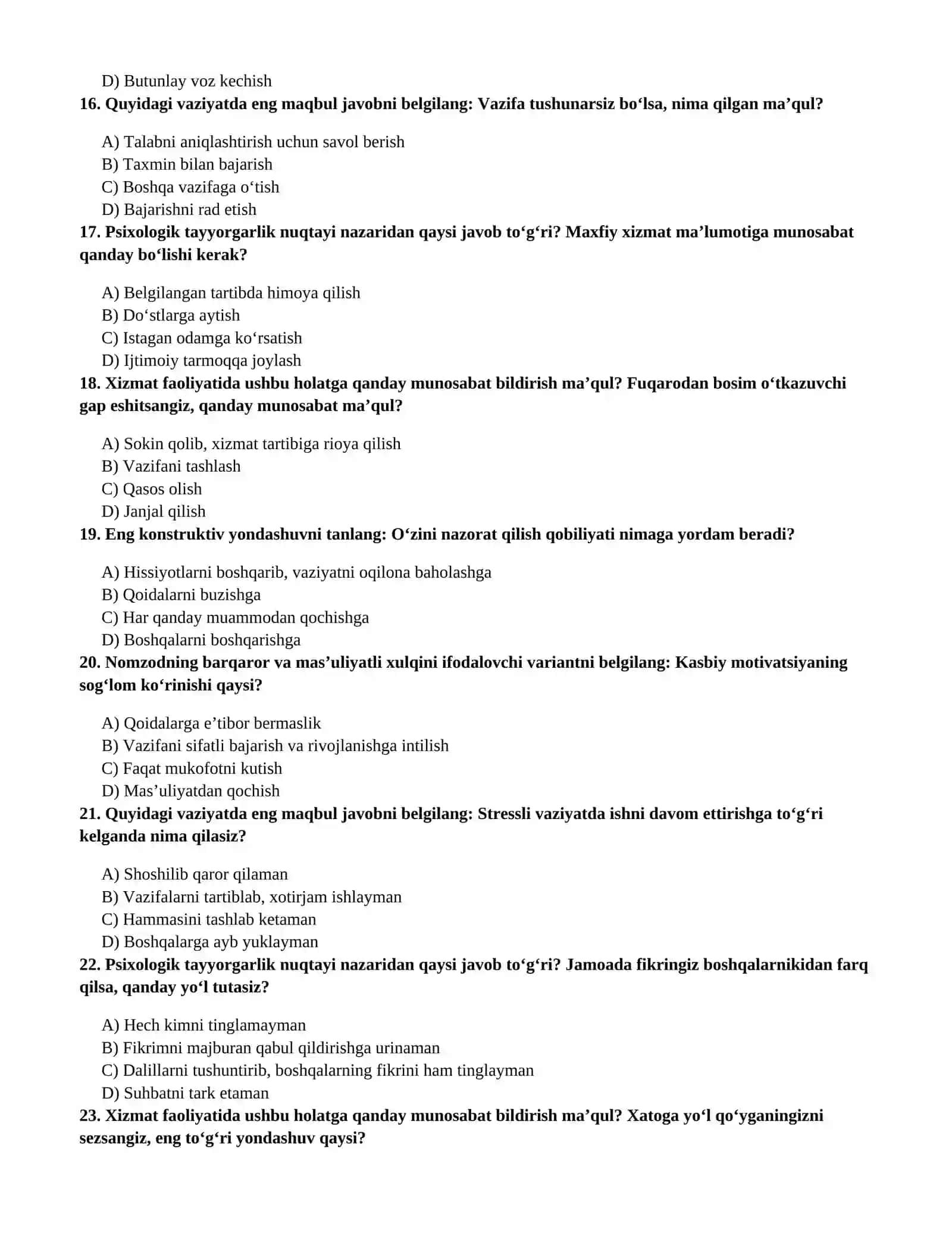 Bojxona sohasiga ishga kirish uchun 250 ta psixologik test savollari va javoblari 4