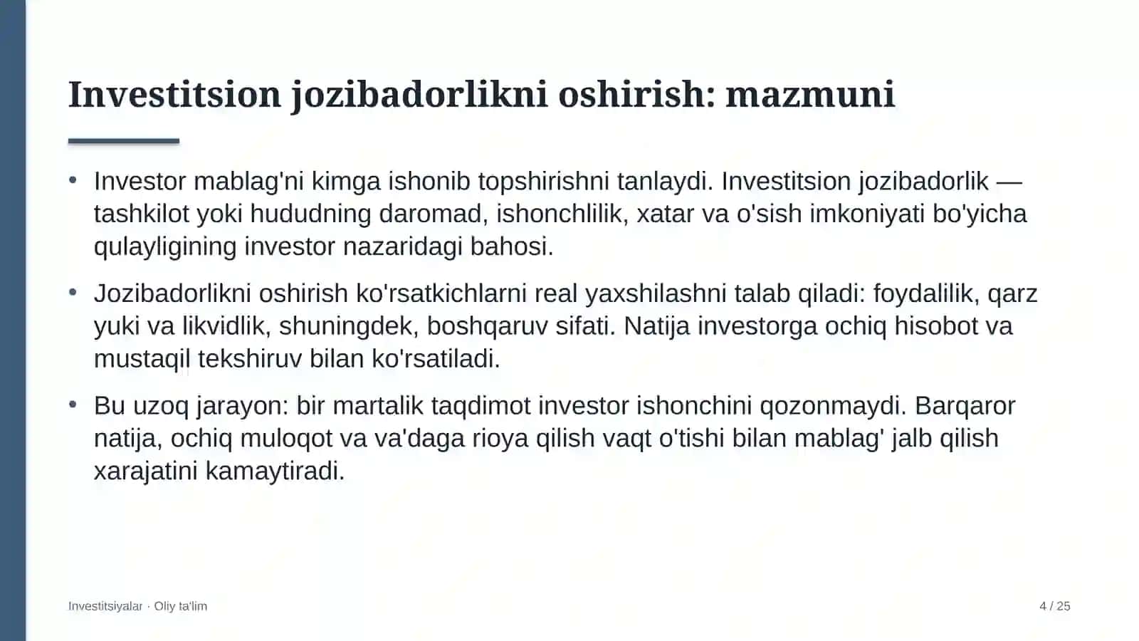 Investitsiyalar · Oliy Ta'lim 4