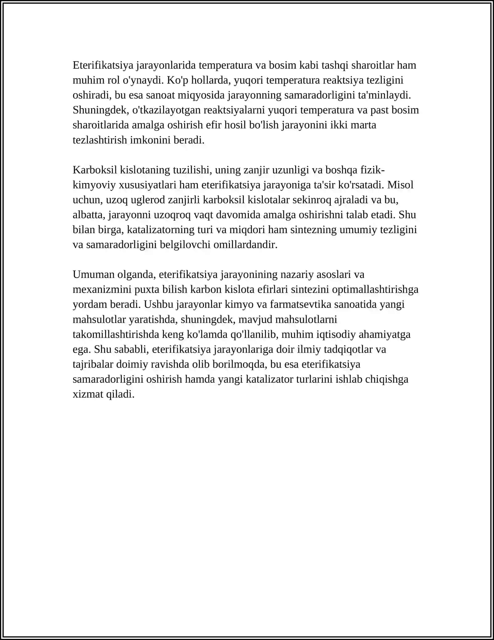 ETERIFIKATSIYA JARAYONLARI KARBON KISLOTA EFIRLARI SINTEZ REFARAT 10 LIST 4