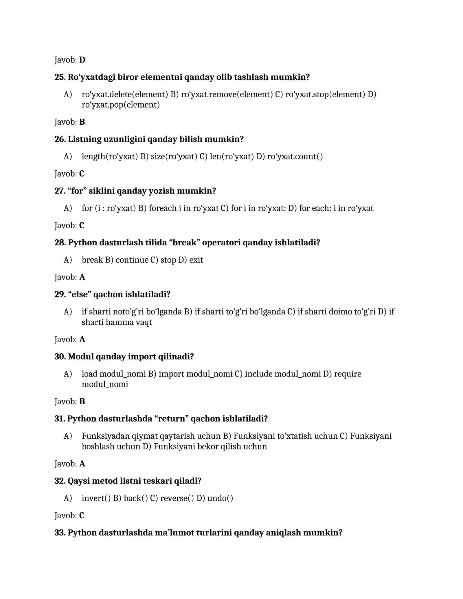 Python Dasturlash Tilidan Test Savollari va Javoblari 4