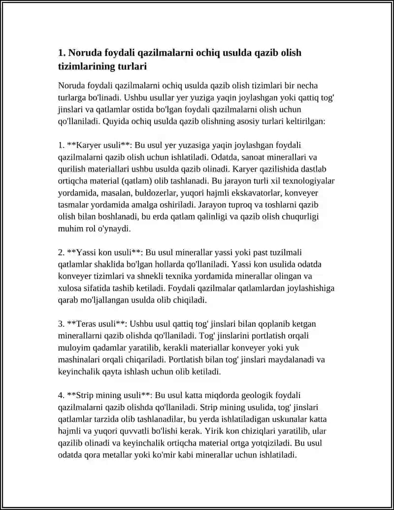 NORUDA FOYDALI QAZILMALARNI OCHIQ USULDA QAZIB OLISHDAGI QAZIB OLISH TIZIMLARI 4