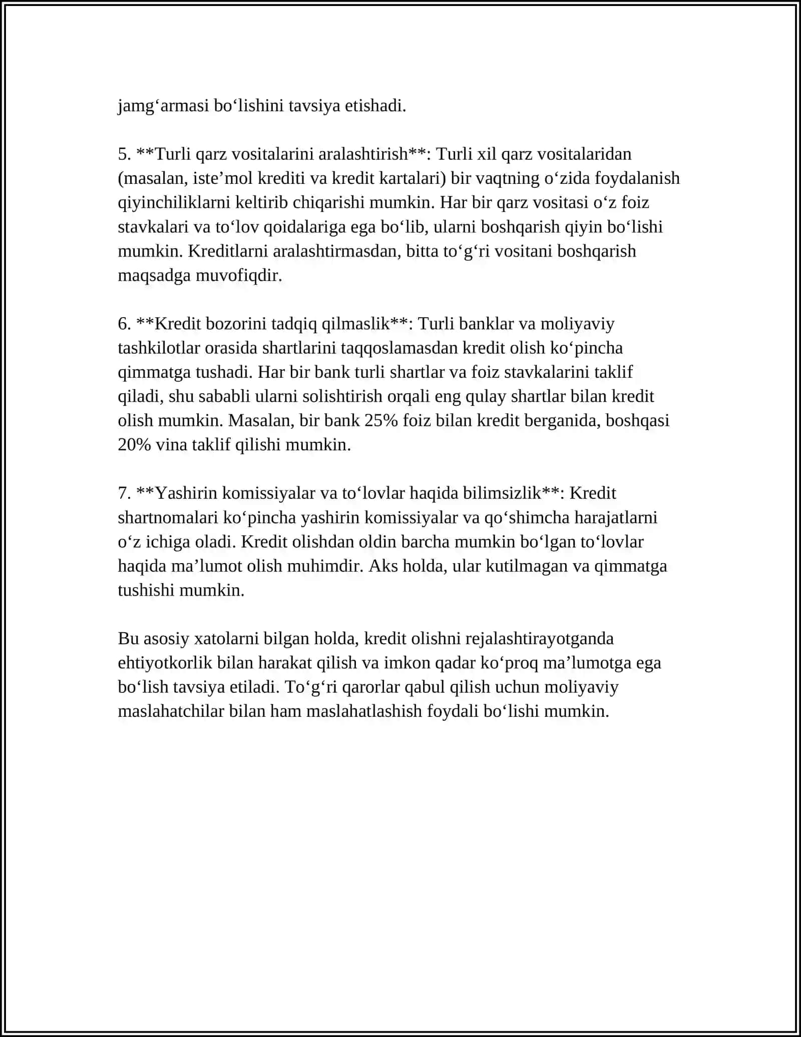KREDIT QIYMATINI KAMAYTIRISH VA KREDITDAN FOYDALANISHDA YO’L QO’YILADIGAN XATOLAR 4