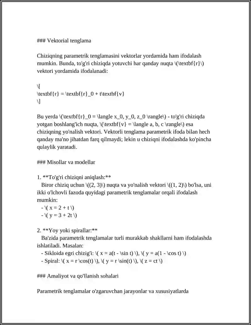 CHIZIQLARNING PARAMETRIK TENGLAMASI 4