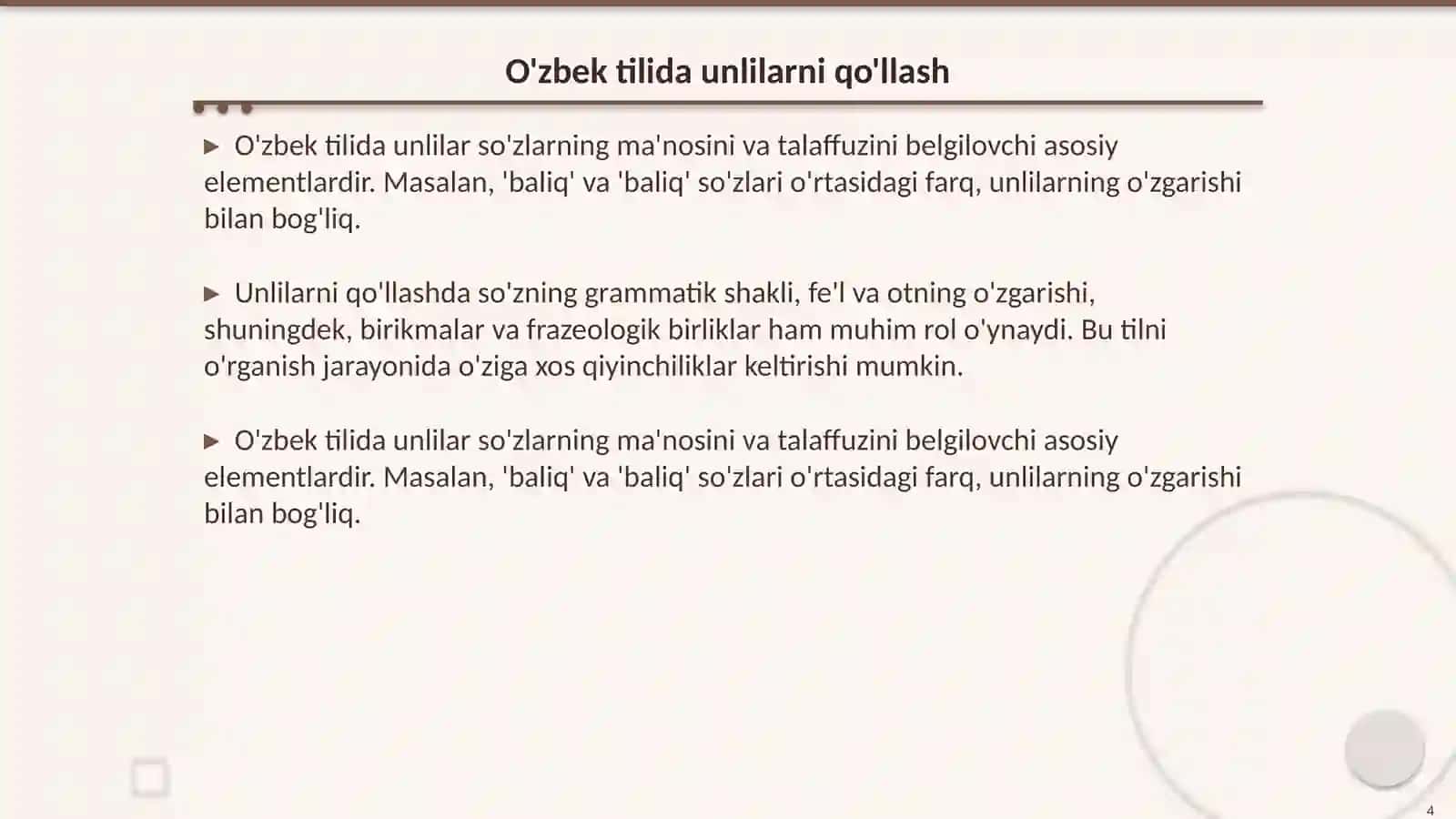Hozirgi o'zbek adabiy tili unlilar 4