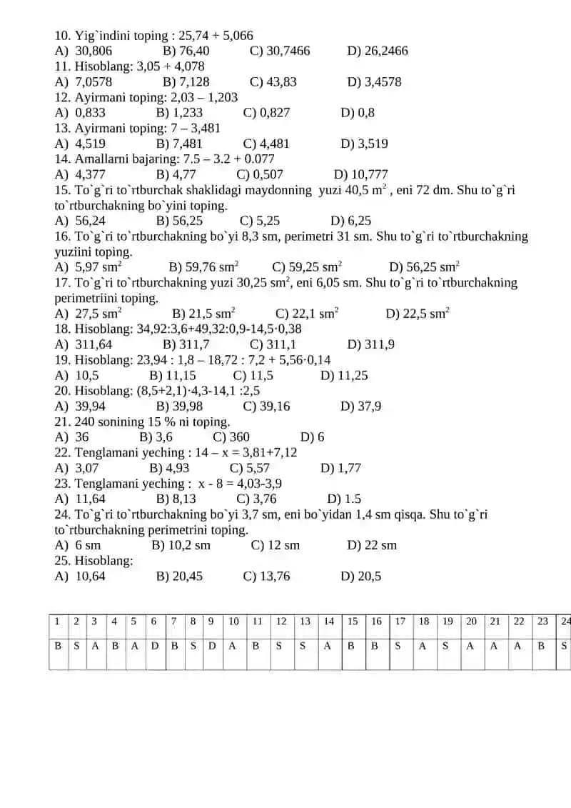 Matematika Sinflarining Test Savollari 4