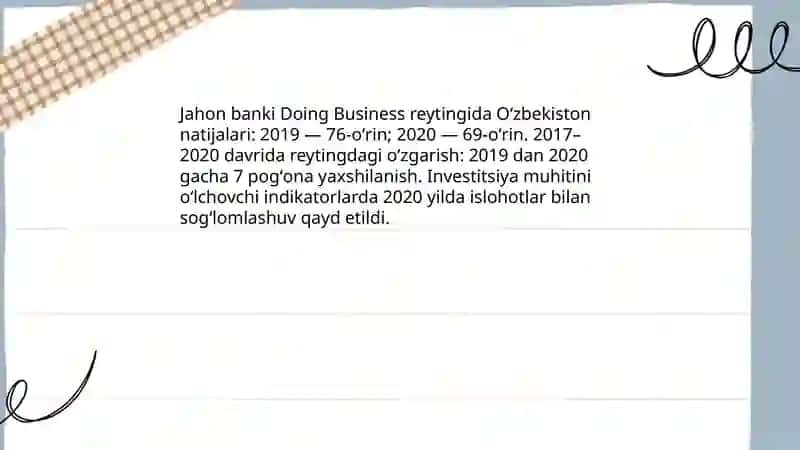 Yangi Oʻzbekistonda ijtimoiy -siyosiy, iqtisodiy va madaniy hayotida roʻy berayotgan oʻzgarishlarning xalqaro reyting va indekslarda aks etishi 4