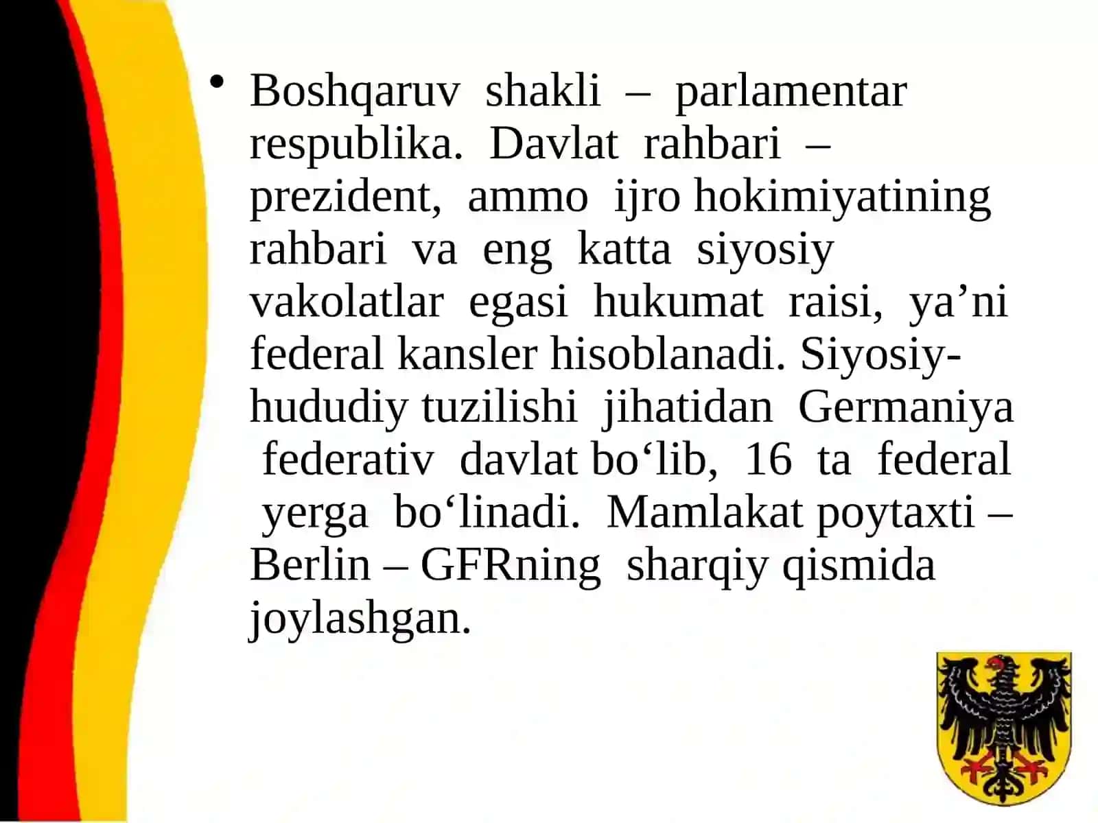 Germaniya Federativ Respublikasi. 9-sinf geografiya fanidan dars ishlanma 4