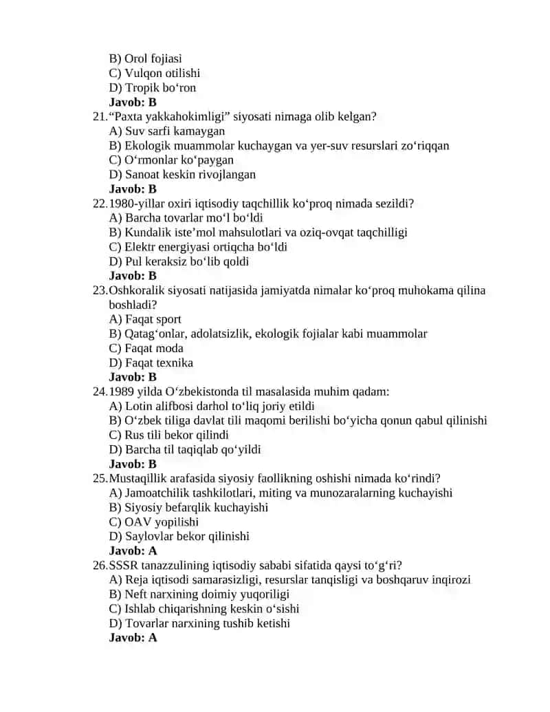 Oʻzbekistonning eng yangi tarixi 3-test 4