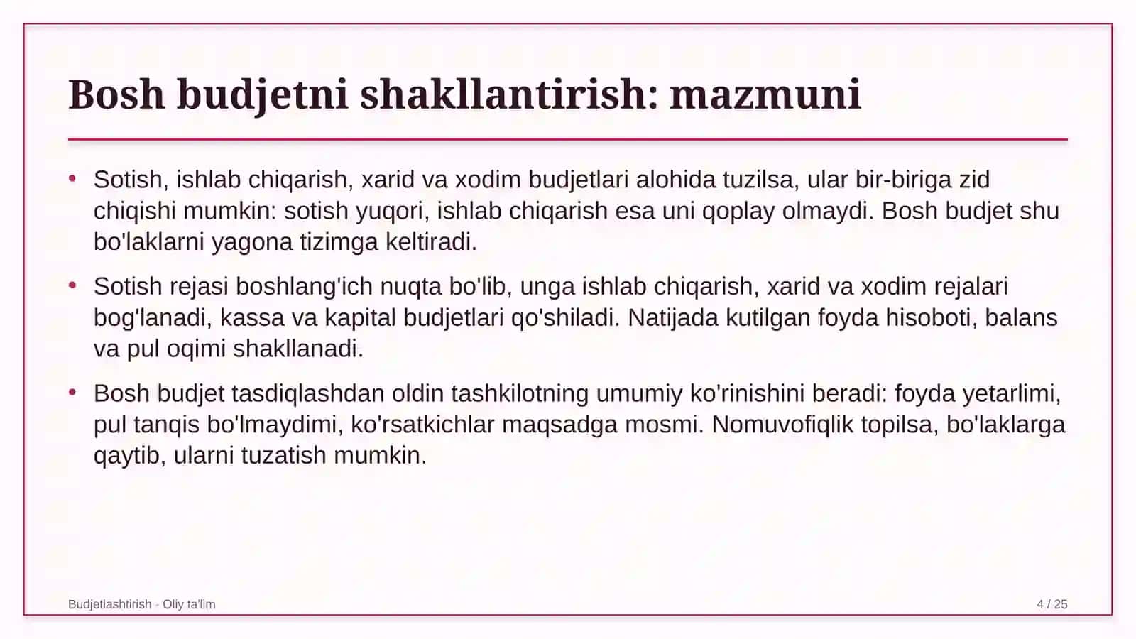 Un-yorma sanoatida bosh budjetni shakllantirish 4