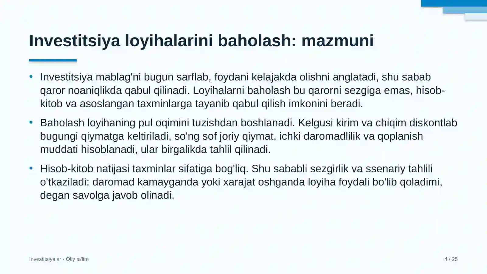 Investitsiyalar · Oliy ta'lim 4