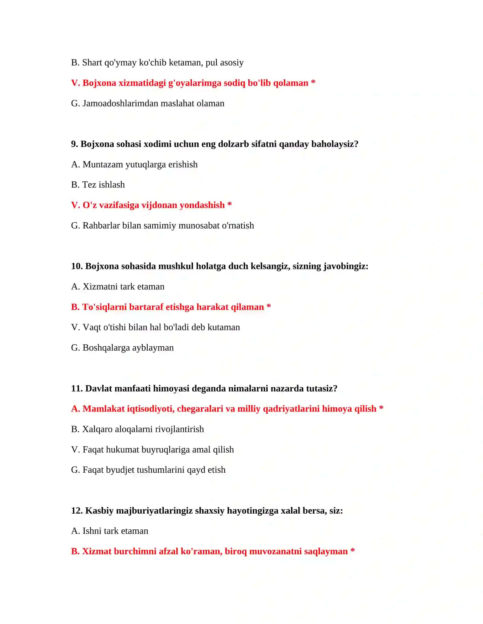 Bojxona test savollarini ishlash 4