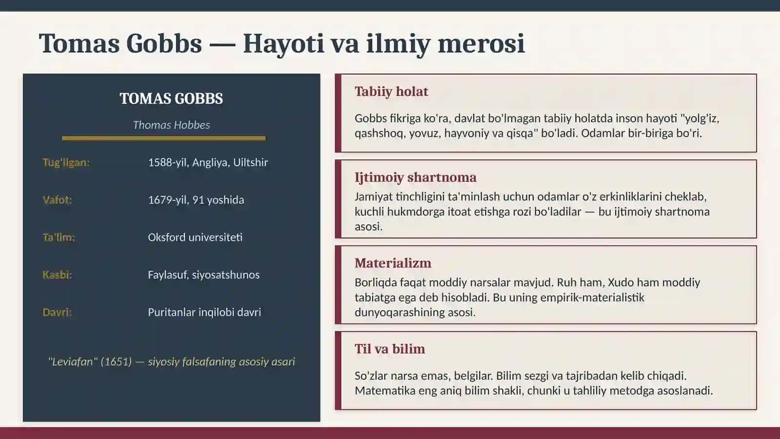 XVII-XIX asr Yevropa falsafasidagi oqimlar va falsafiy maktablar. ingliz falsafasi-Tomas Gobbs, Jon Lokk 4