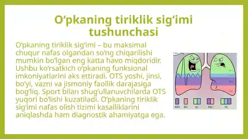 O'pkaning tiriklik sig'imini(OTS) va uning komponentlarini tinch xolatda va jismoniy ishdan keyin aniqlash 4