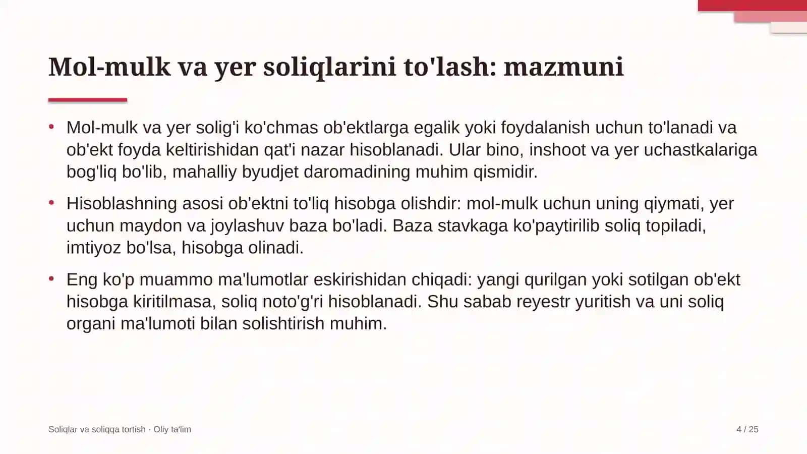Konservatoriyalarda mol-mulk va yer soliqlarini to'lash 4