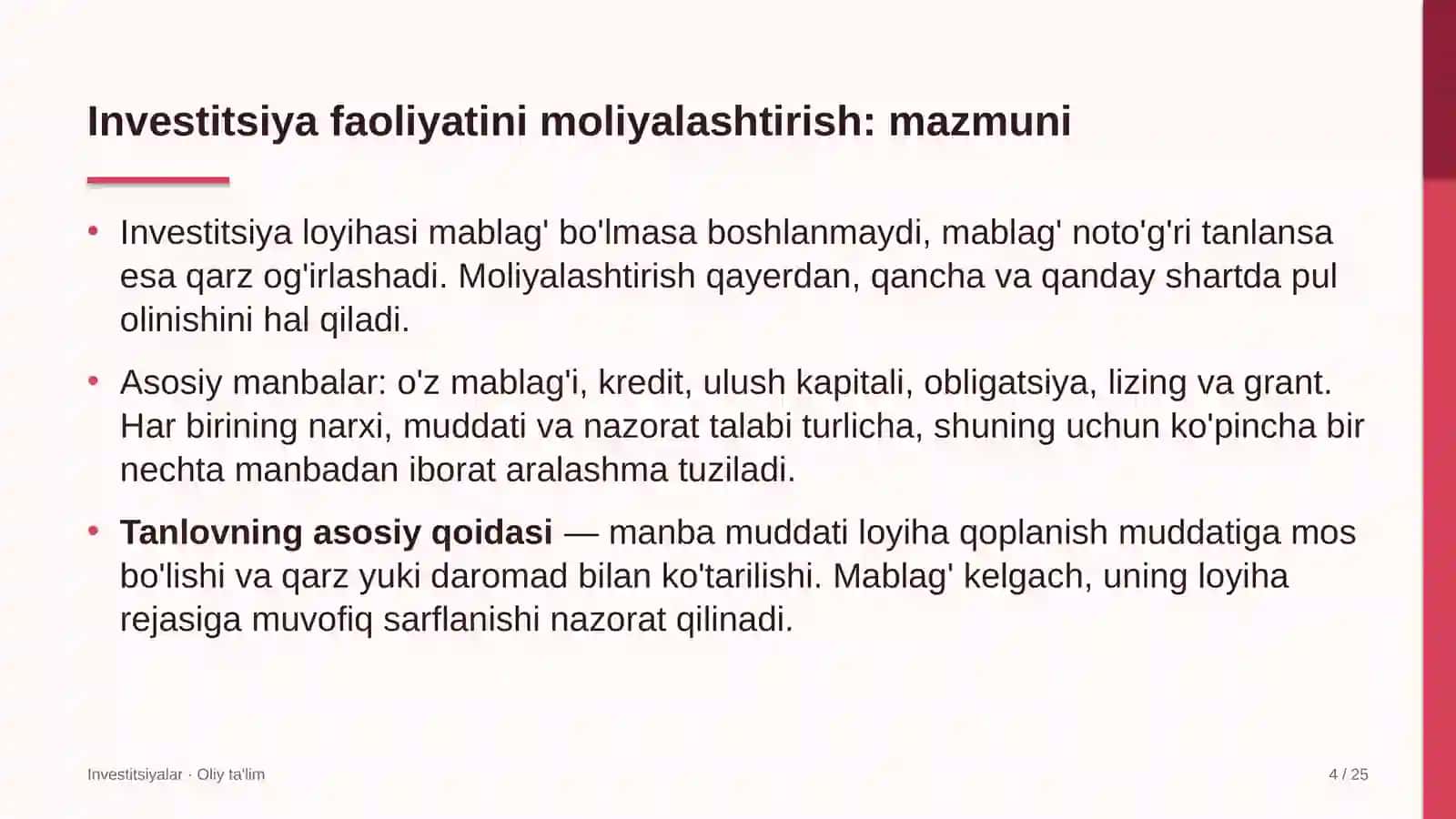 Investitsiyalar · Oliy ta'lim 4