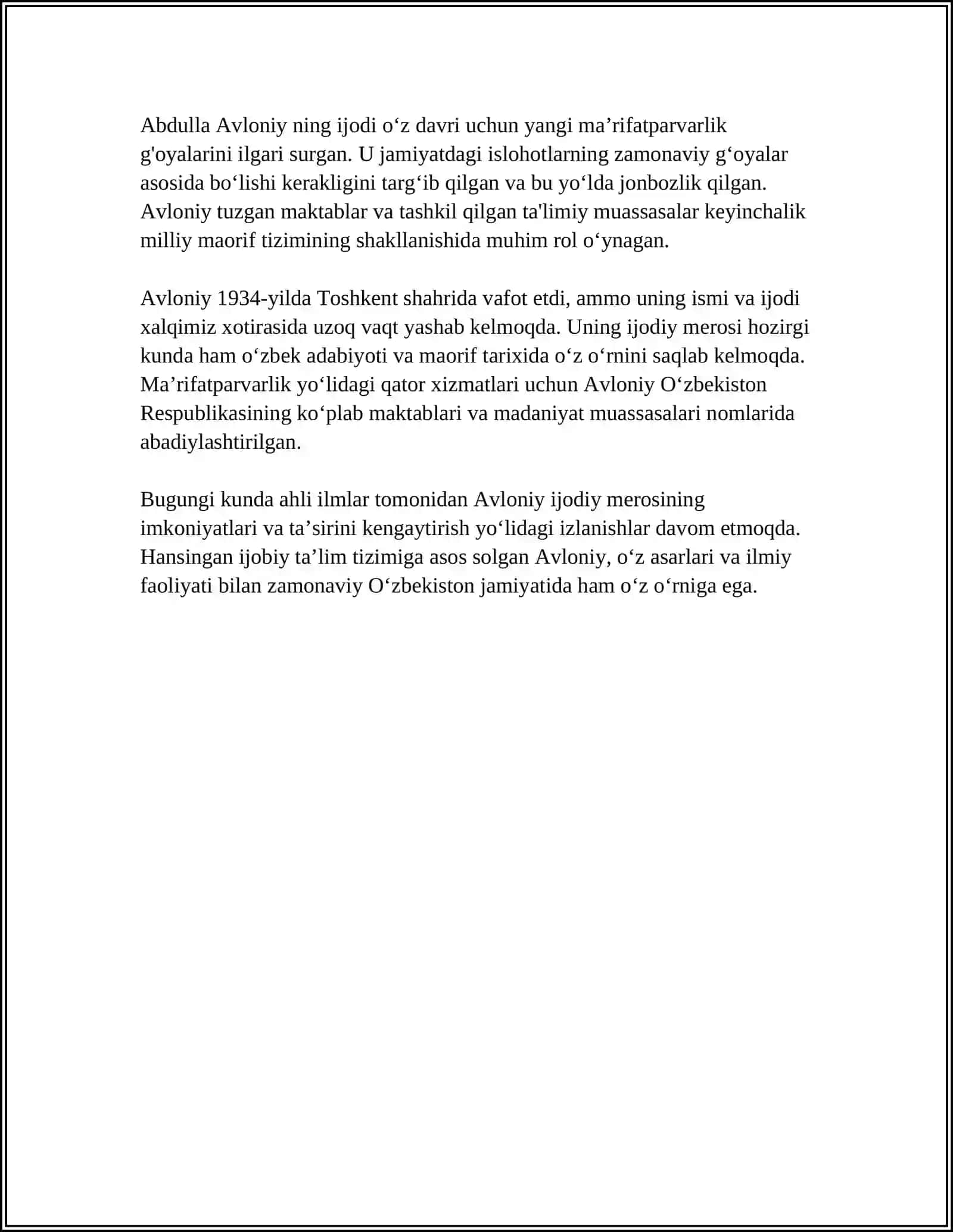 ABDULLA AVLONIYNING KOMIL INSON HAQIDAGI QARASHLARI MAVZUSIDA ESSE TAYYORLASH 4