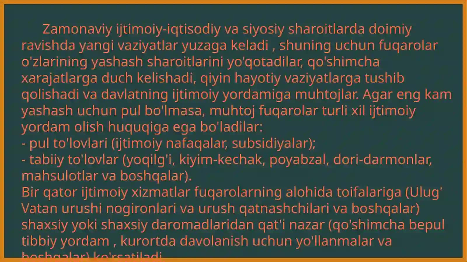 Ijtimoiy yordamning asosiy turlari(kompensatsion toʻlov subsidiya haqida). 4