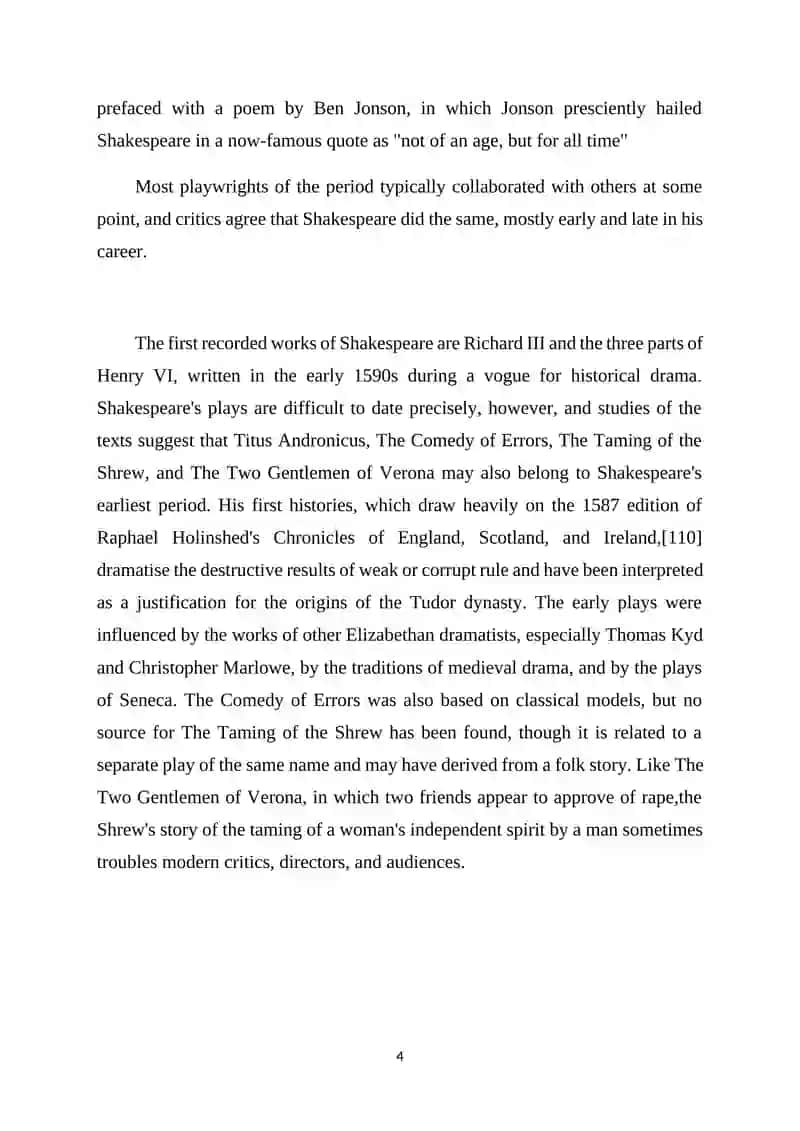 Course Work on "Shakespeare, and there is no end to it." 4
