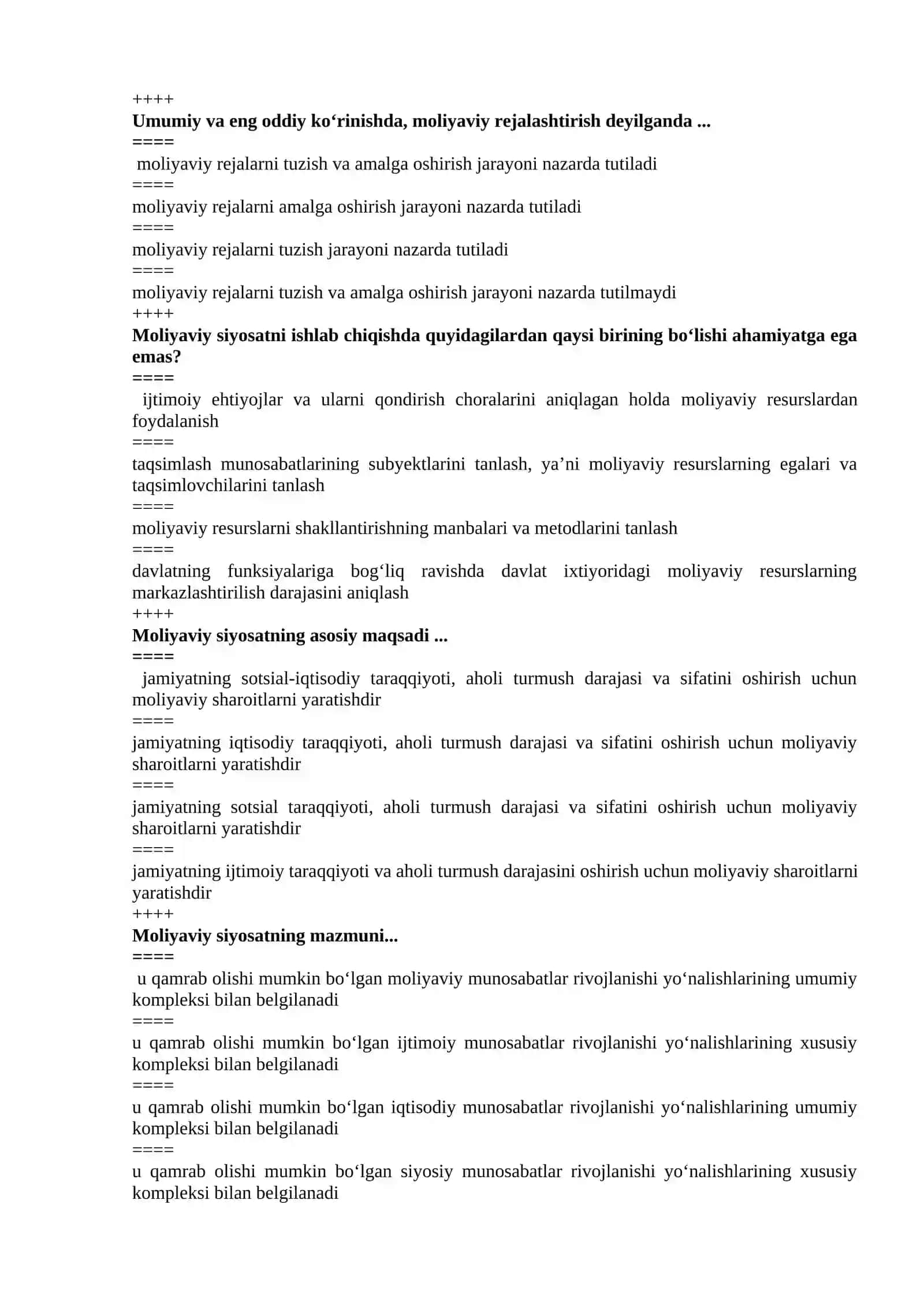 Moliya fanidan test savollari 4