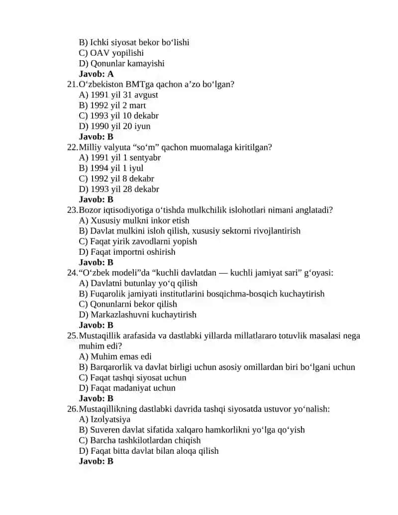 Oʻzbekistonning eng yangi tarixi 4-test 4