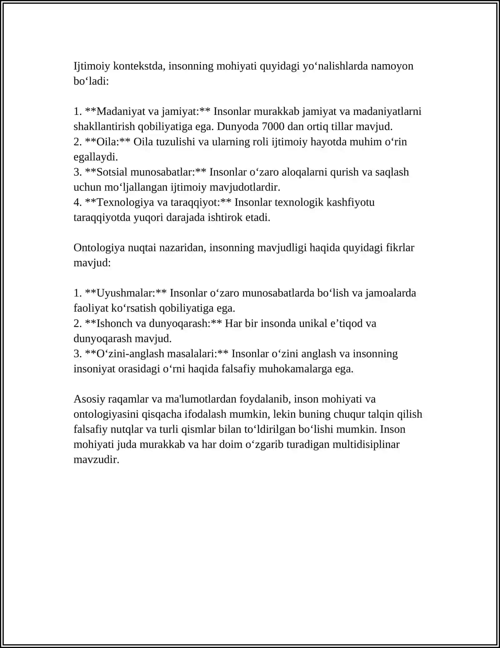 JAMIYAT FALSAFASI: INSON FALSAFASI ( FALSAFIY ANTROPOLOGIYA); QADRIYATLAR FALSAFASI ( AKSIOLOGYIA) 4