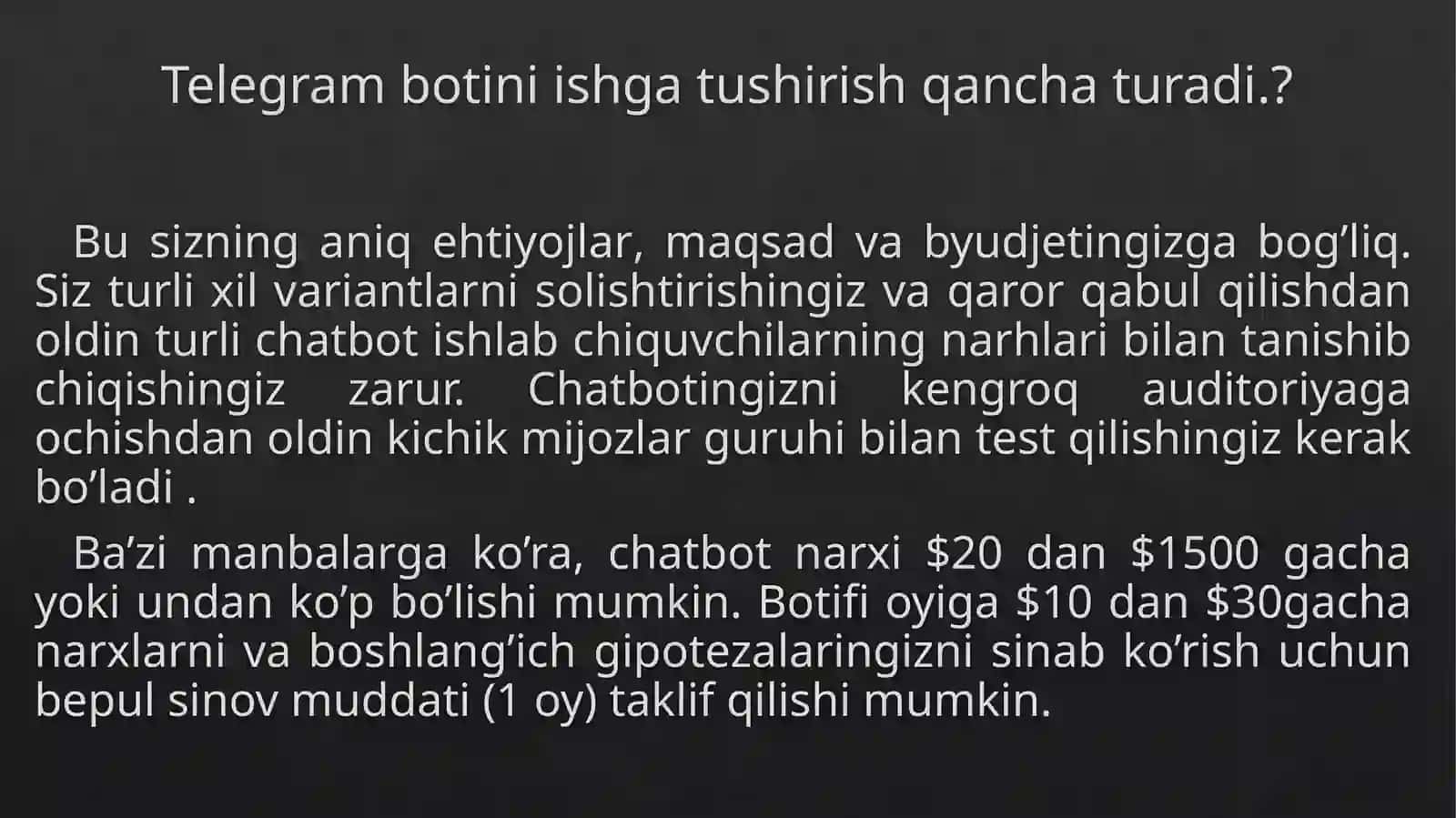 Python dasturida telegramm botni tuzish tartibi va modullari. Python dasturida Telegramm Bot yaratishda kerak bo‘ladigan metodlar 4