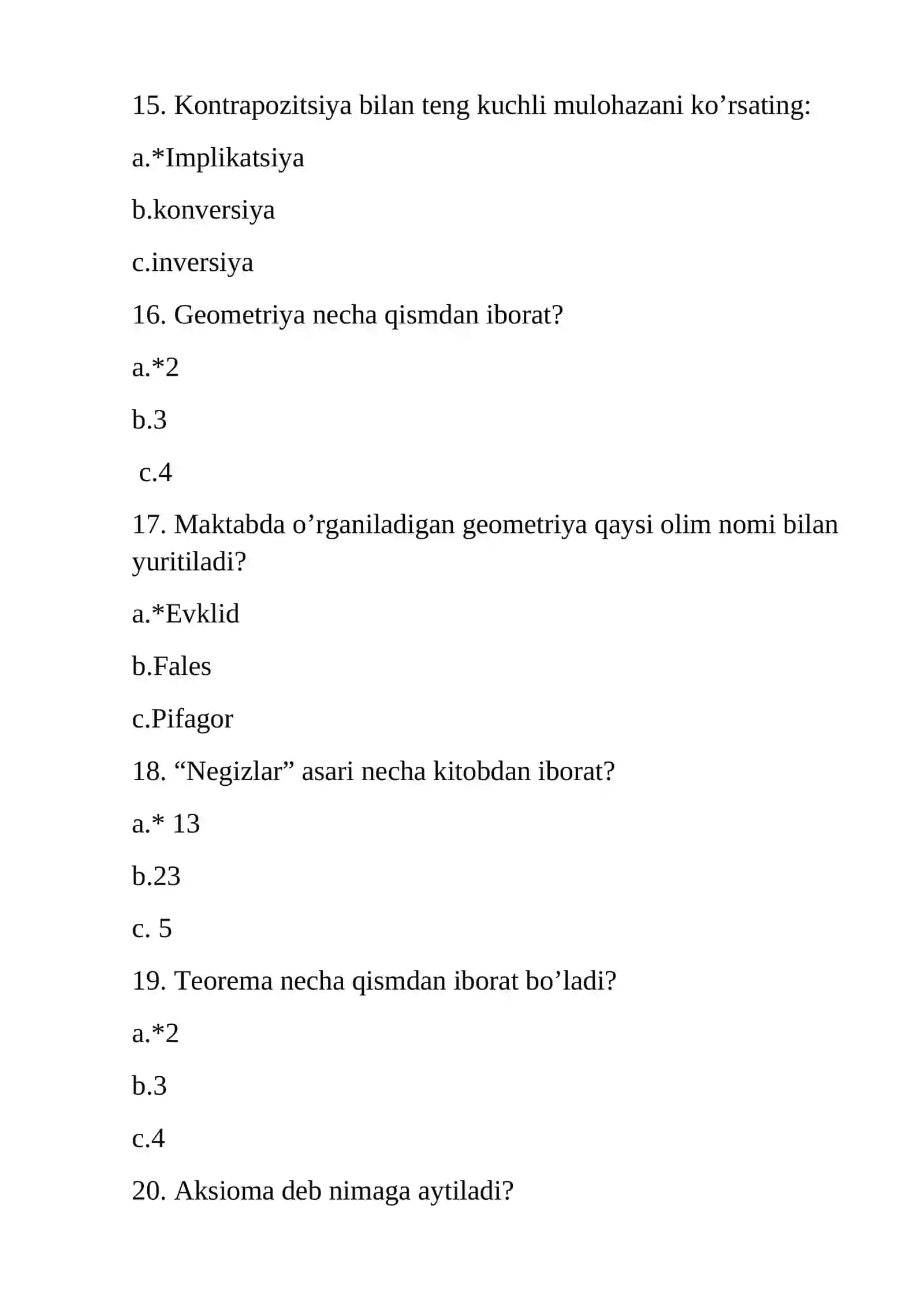 Matematika fanidan 10- sinf o’quvchilari uchun test 4