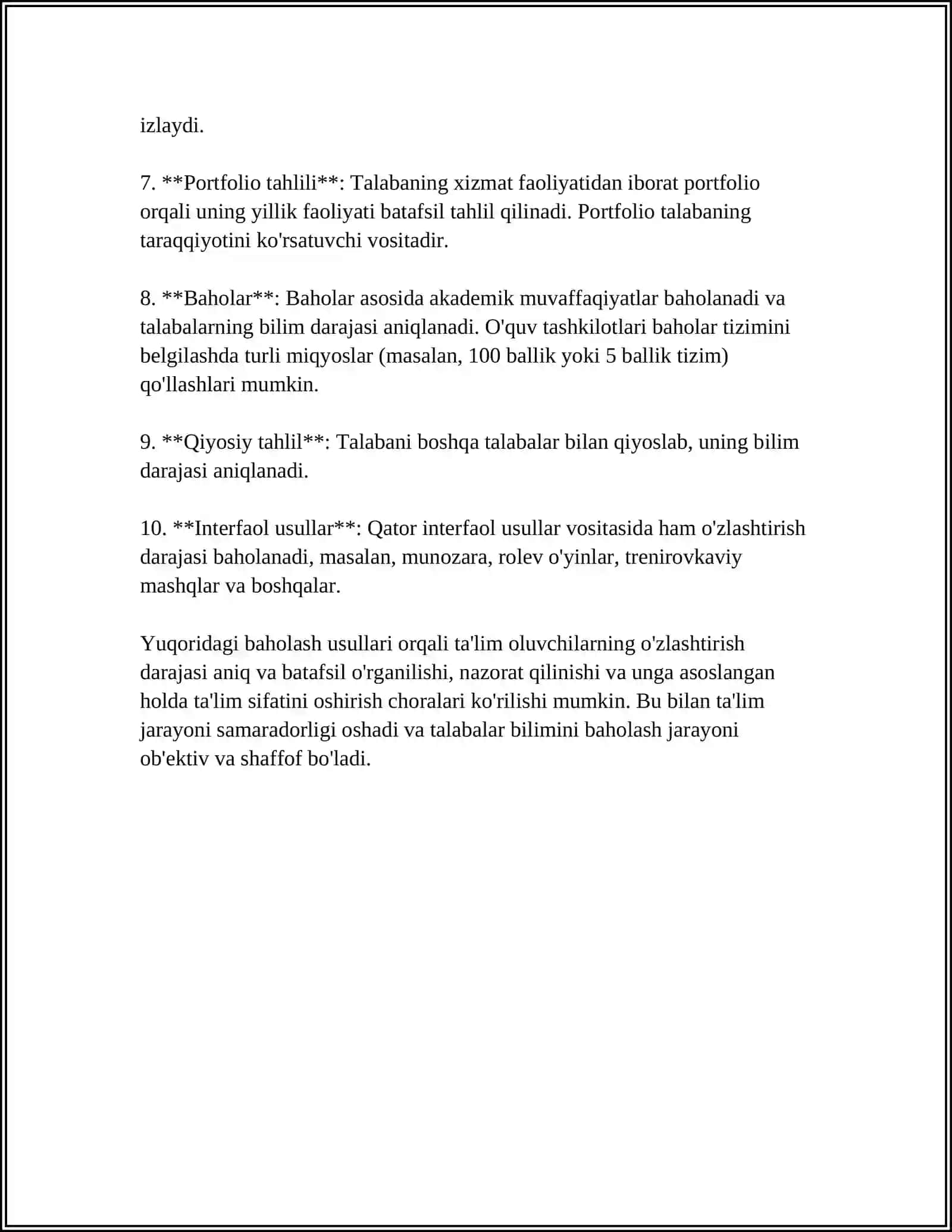 MODUL BOʻYICHA OʻZLASHTIRISH SIFATINI BAHOLASH VA OʻQUV JARAYONINI REJALASHTIRISH, MONITORING OLIB BORISH VA TA'LIM SIFATINI TA'MINLASH, TALABALAR VA NAZORAT QILISH 4