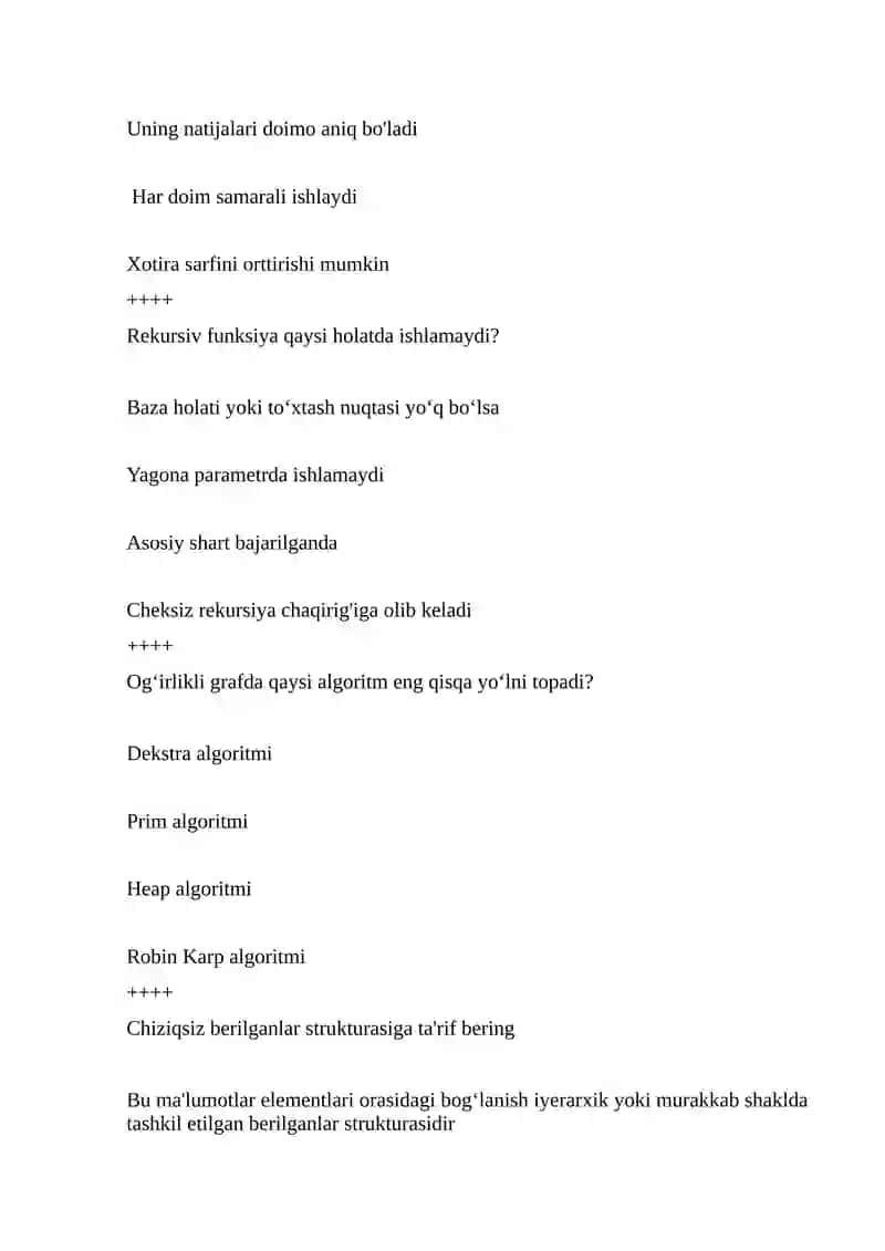 Algoritmlar va berilganlar strukturasi I TEST savolari 4