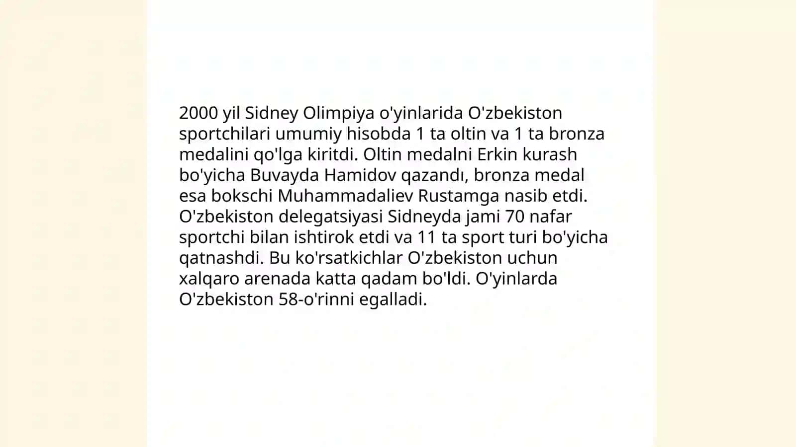 O'zbekiston sportchilarining1996-hozirgi davirgacha o'tkazilgan olimpiya o'yinlaridagi yutuqlari 4