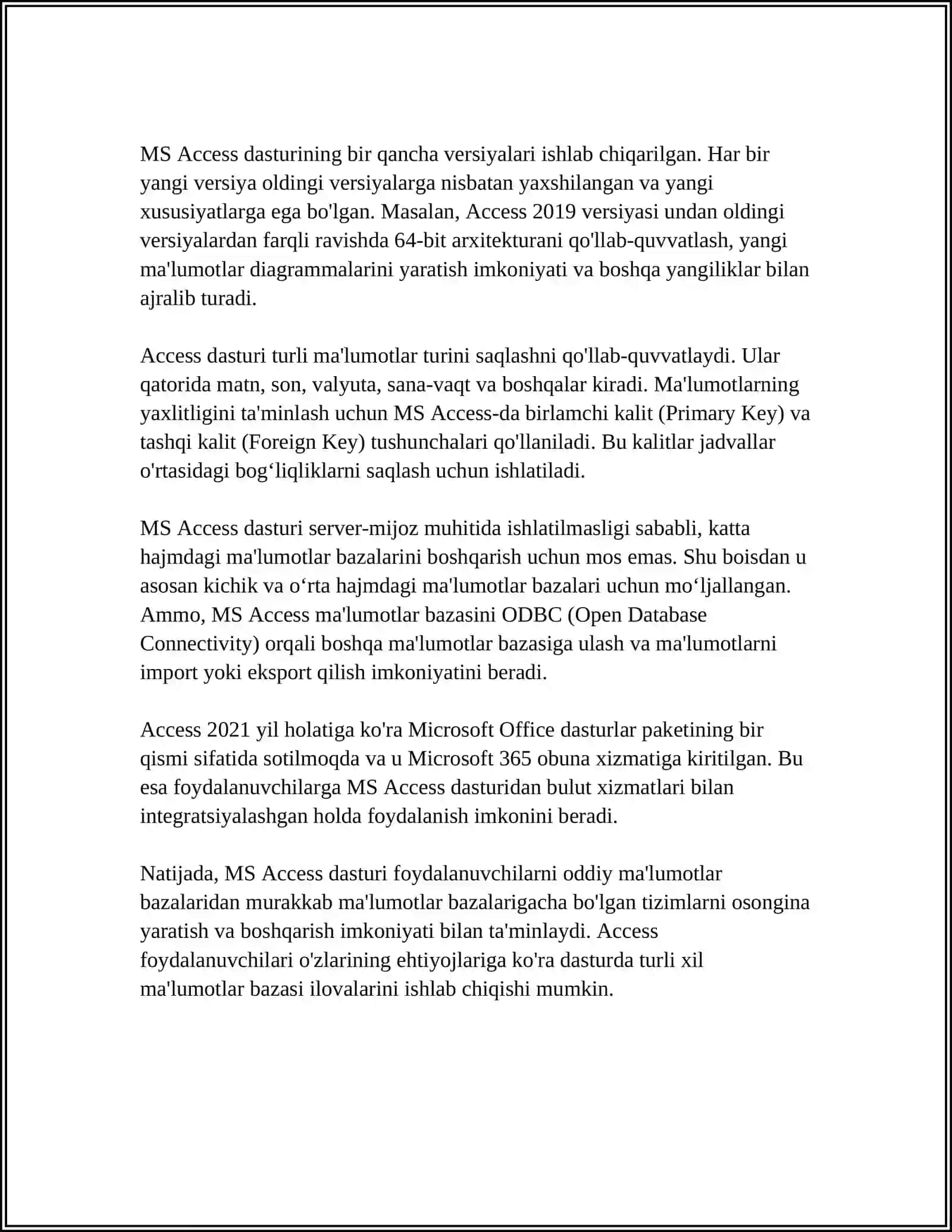 MS ACCESS DASTURINING ASOSIY ELEMENTLARI VA MAYDON TURLARINING XUSUSIYATI 4