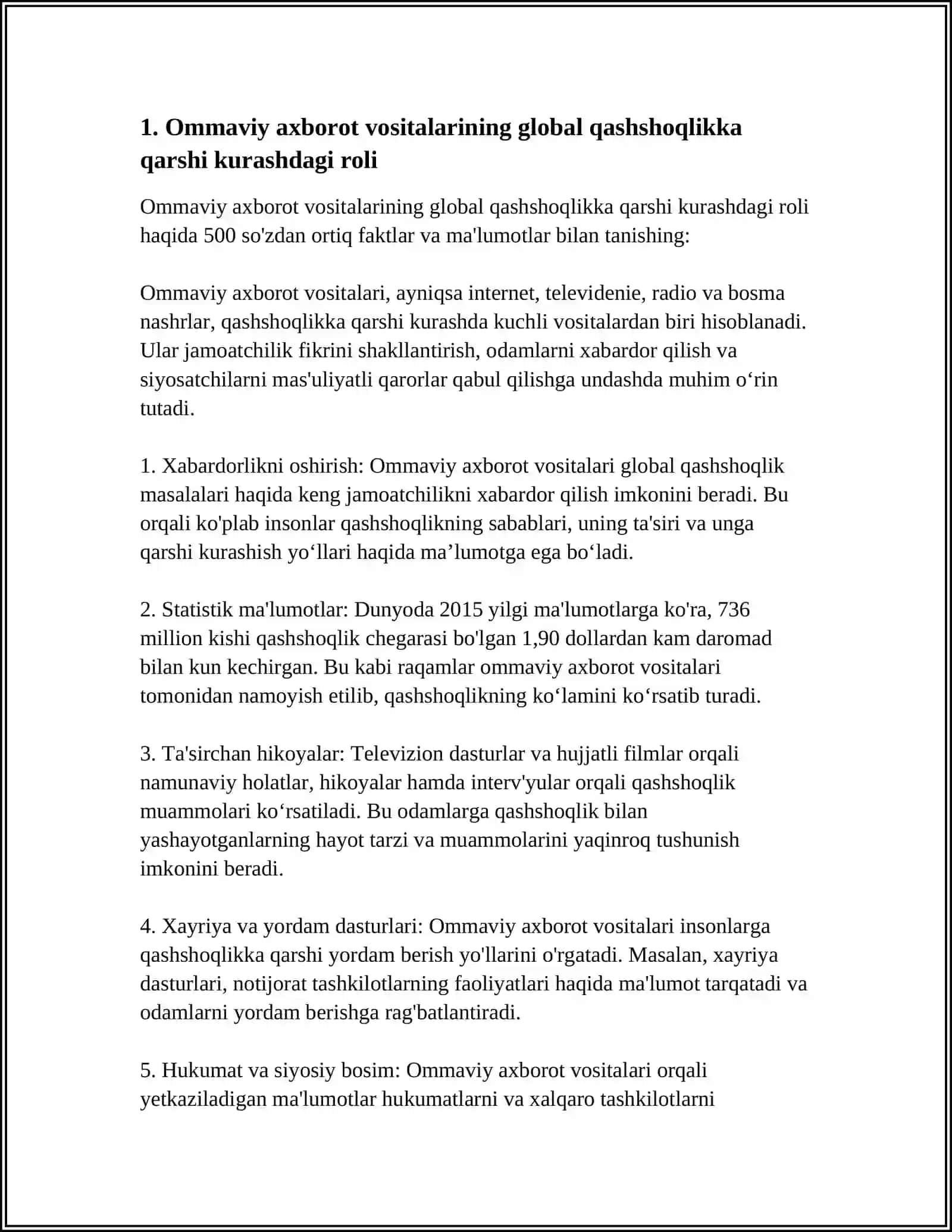 Ommaviy axborot vositalari global qashshoqlikka qarshi kurashish boʻyicha diplomatik strategiya 4