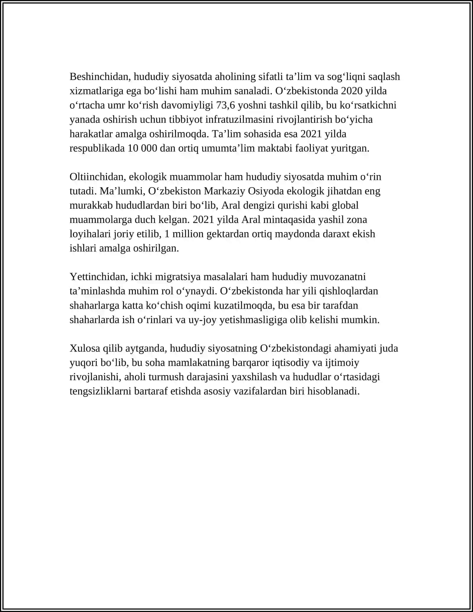 O‘ZBEKISTON RESPUBLIKASIDA AMALGA OSHIRILAYOTGAN MINTAQAVIY SIYOSATNING MAZMUNI VA MINTAQAVIY XAVFSIZLIKNI TA’MINLASH YO‘NALISHLARI 4