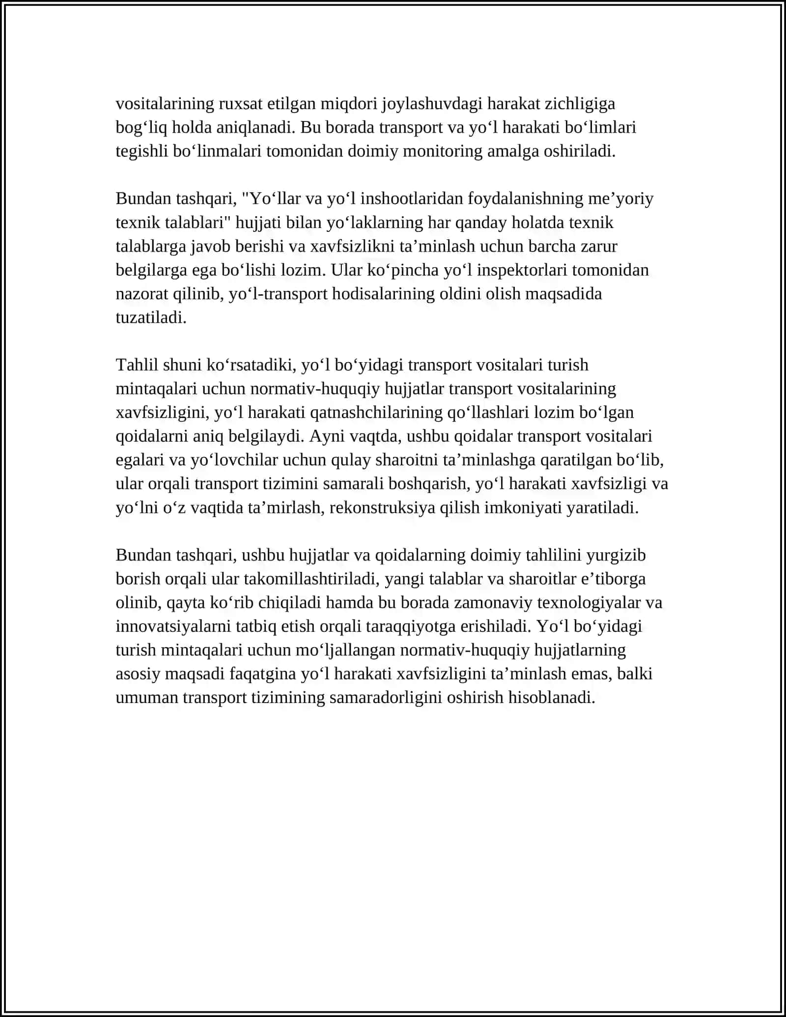 YO‘L BO‘YLAB TRANSPORT VOSITALARINI TURISH MINTAQALARIDA HARAKAT XAVFSIZLIGINING ME’YORIY TALABLARNI O‘RGANISH 4
