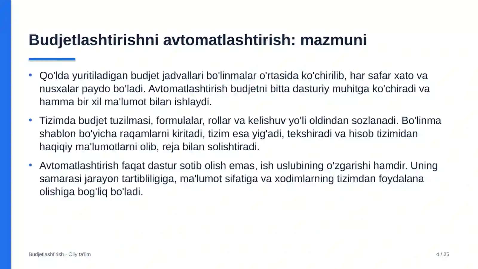 Yo'l xo'jaligida budjetlashtirishni avtomatlashtirish 4