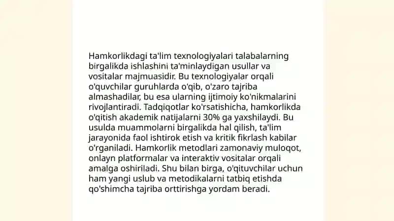 4-sinf Tabiiy fan darslarida labaratoriya ishlarini tashkillashtirishdan hamkorlikdagi ta'lim texnologiyalaridan foydalanishni shakllantirish 4
