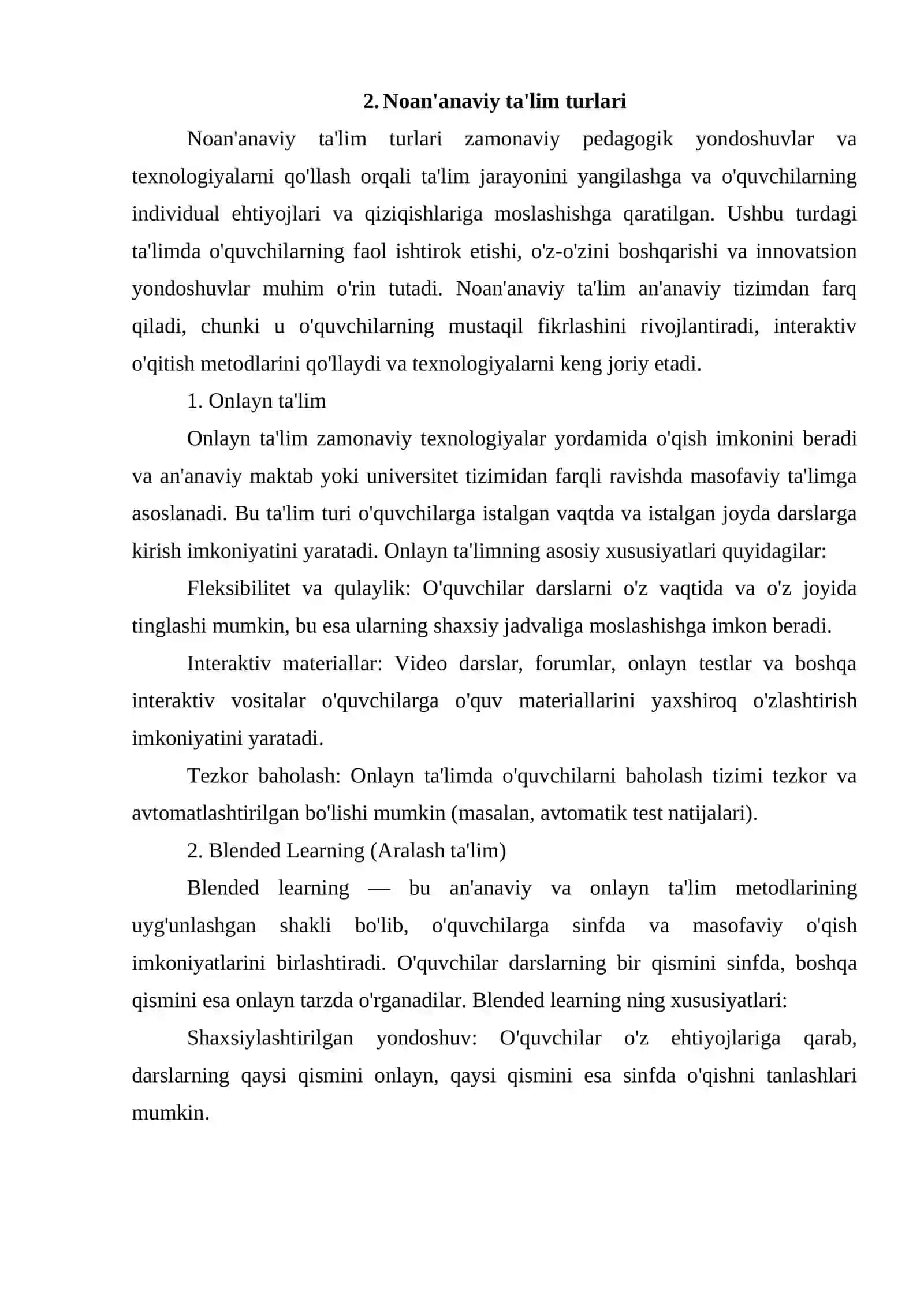 Talim jarayonini tashkil etishga ananaviy va noanʼanaviy taʼlim turlari va ularning oziga xos xususiyatlari 4