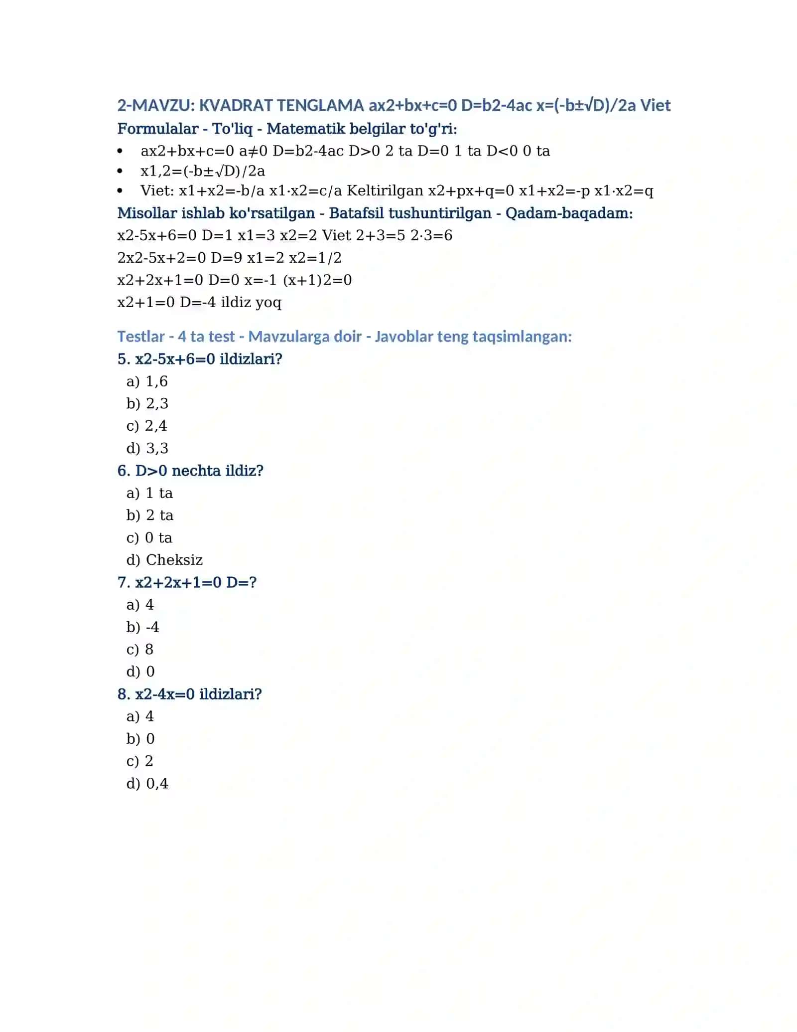 MATEMATIKA-Barcha Mavzular (testlar va javoblari bilan) 4