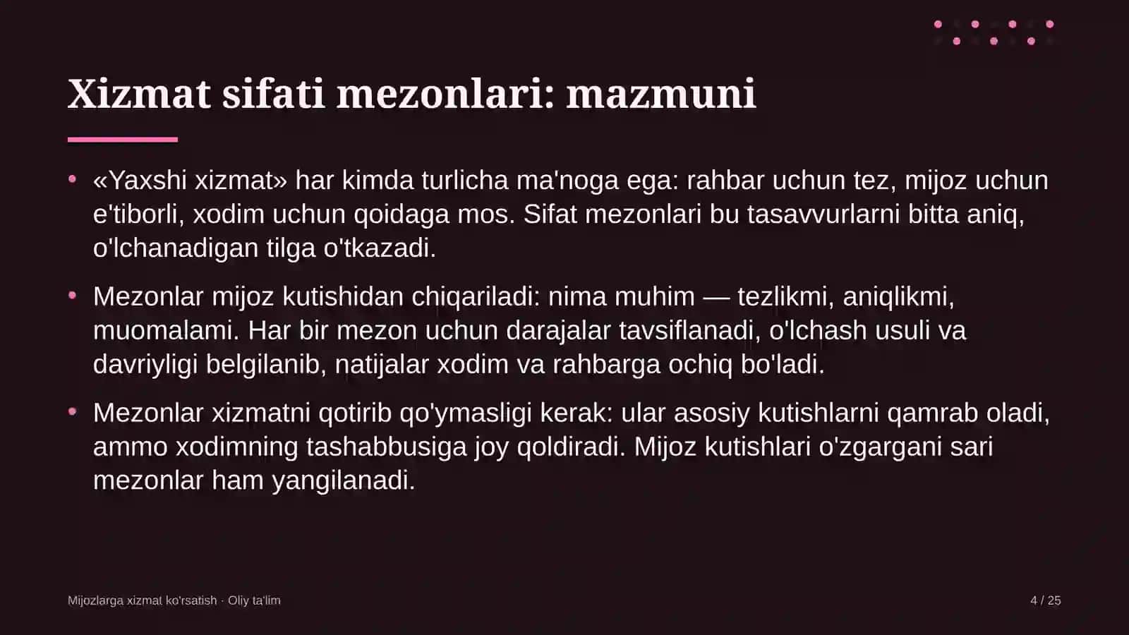 Mijozlarga xizmat ko'rsatish · Oliy ta'lim 4