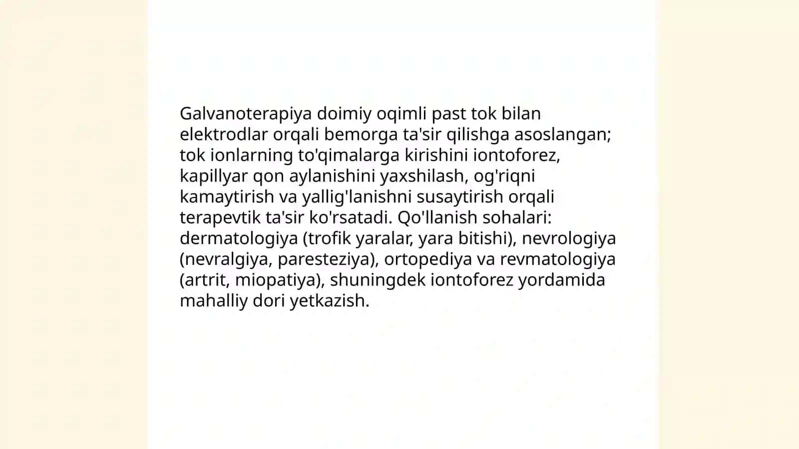 Elektr davolash haqida tushuncha turlari,muolaja koʻrsatma va aparatlar bilan ishlashda texnika xavfsizlik qoidalari 4