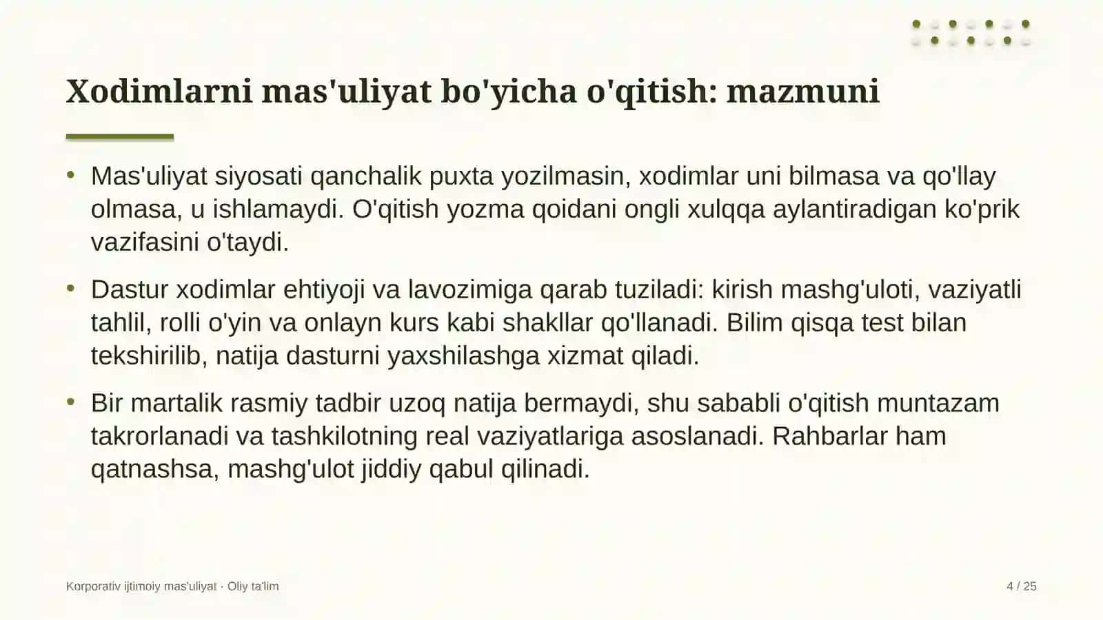 Bolalar o'yin markazlarida xodimlarni ijtimoiy mas'uliyat bo'yicha o'qitish 4