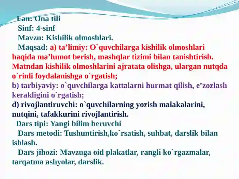 Kishilik olmoshlari o'rganish rejasi 4