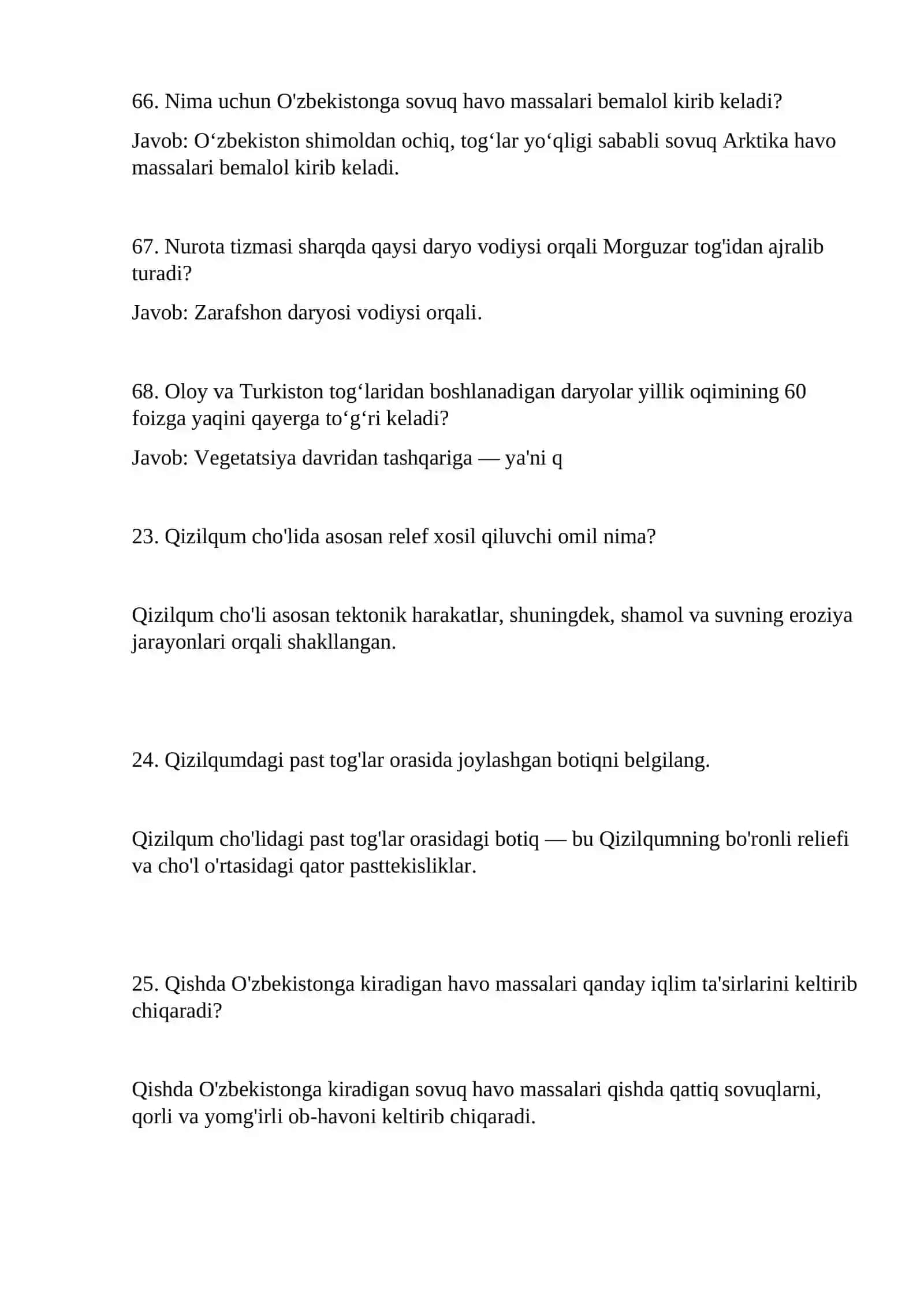 O’zbekiston geografiyasi test savollari GOST 4