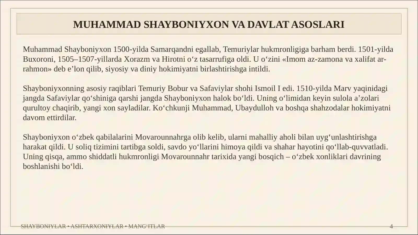 SHAYBONIYLAR, ASHTARXONIYLAR, MANG'ITLAR 4