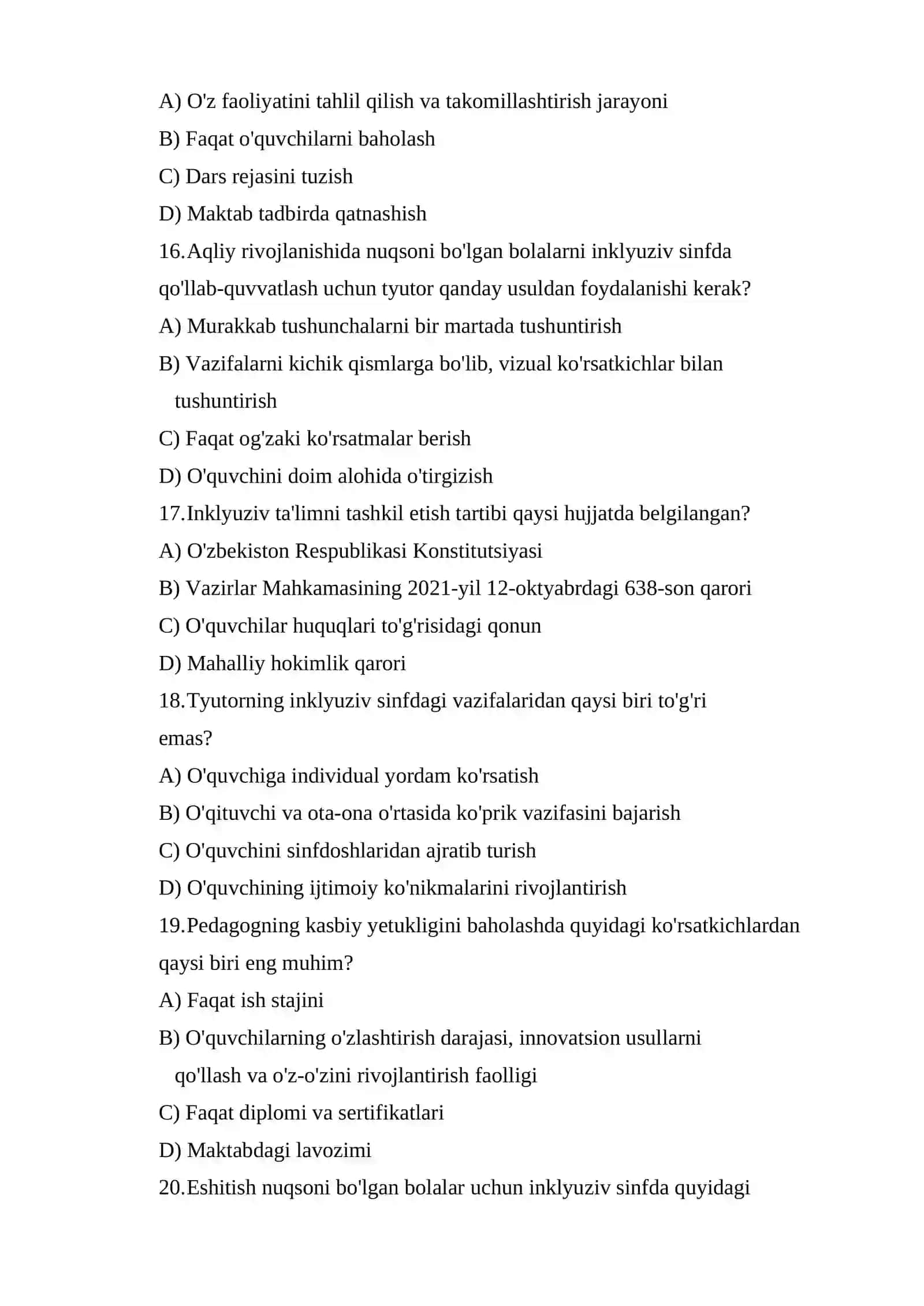 INKLYUZIV TA'LIMGA OID NOSTANDART TEST 4