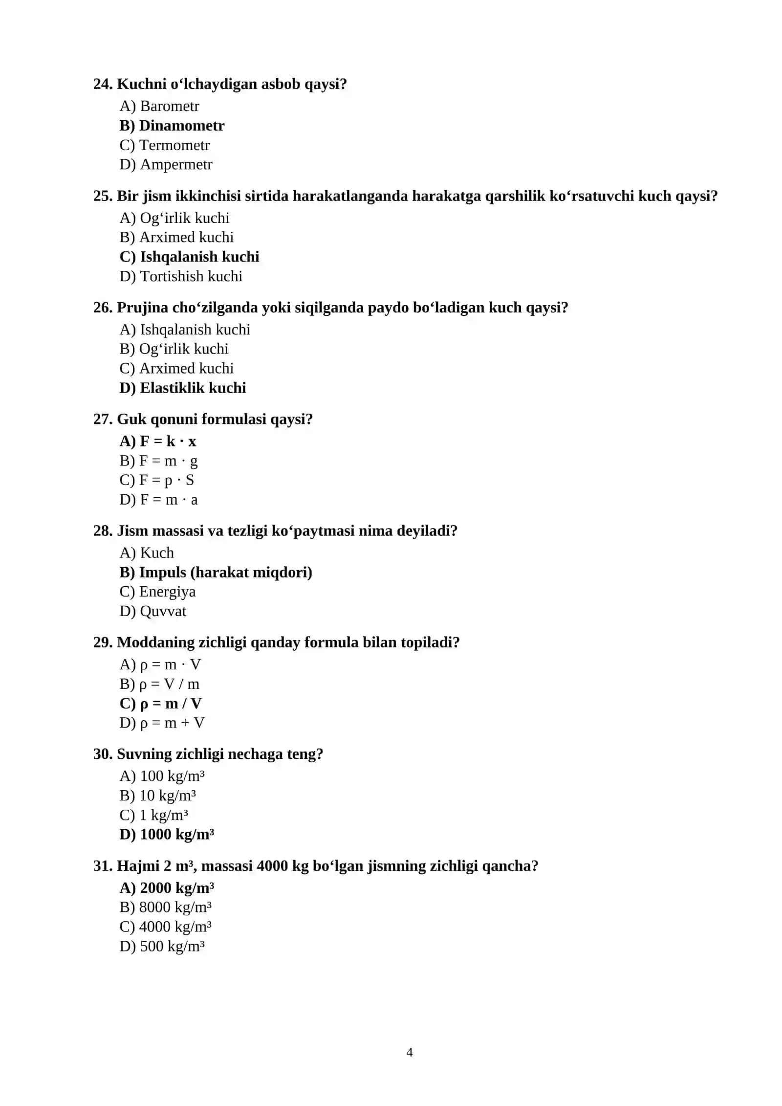 FIZIKA FANIDAN 100 TA TEST SAVOLLARI JAVOBLARI BILAN 4